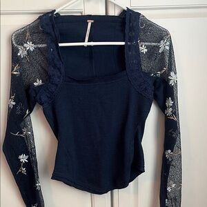 Free People Navy Blue Floral Long Sleeve Top